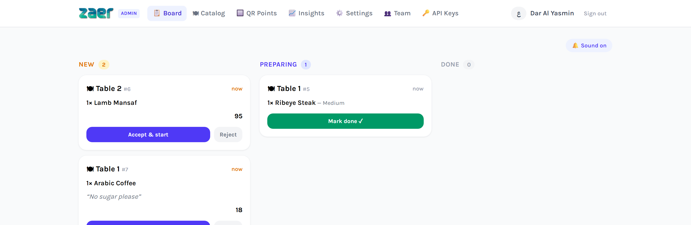 Live order board in the provider console